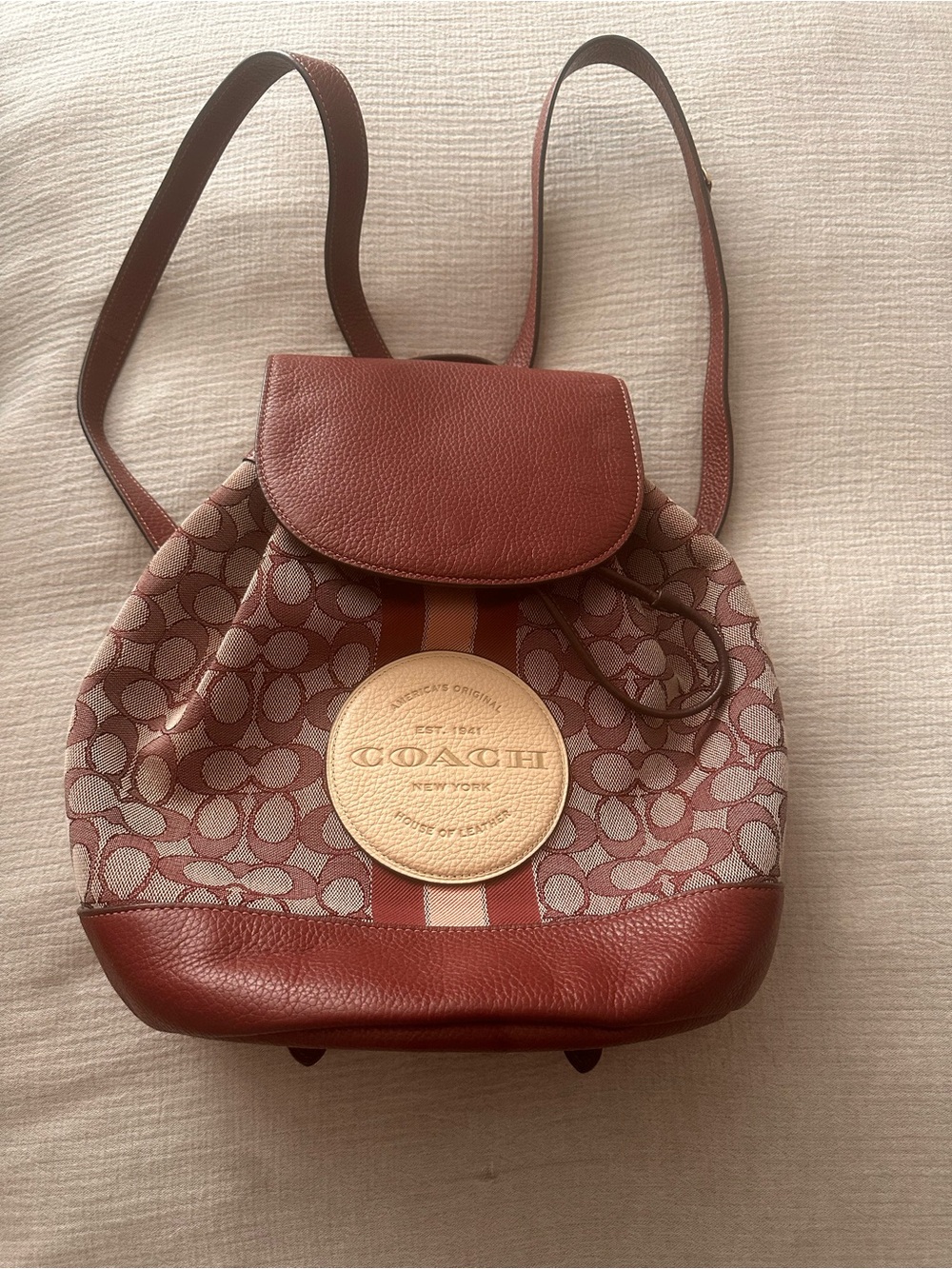 Coach Maroon Signature Canvas Backpack with Cream Logo Patch